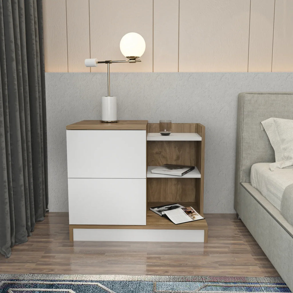 Rena Nightstand with 2 Drawers & Open Shelves