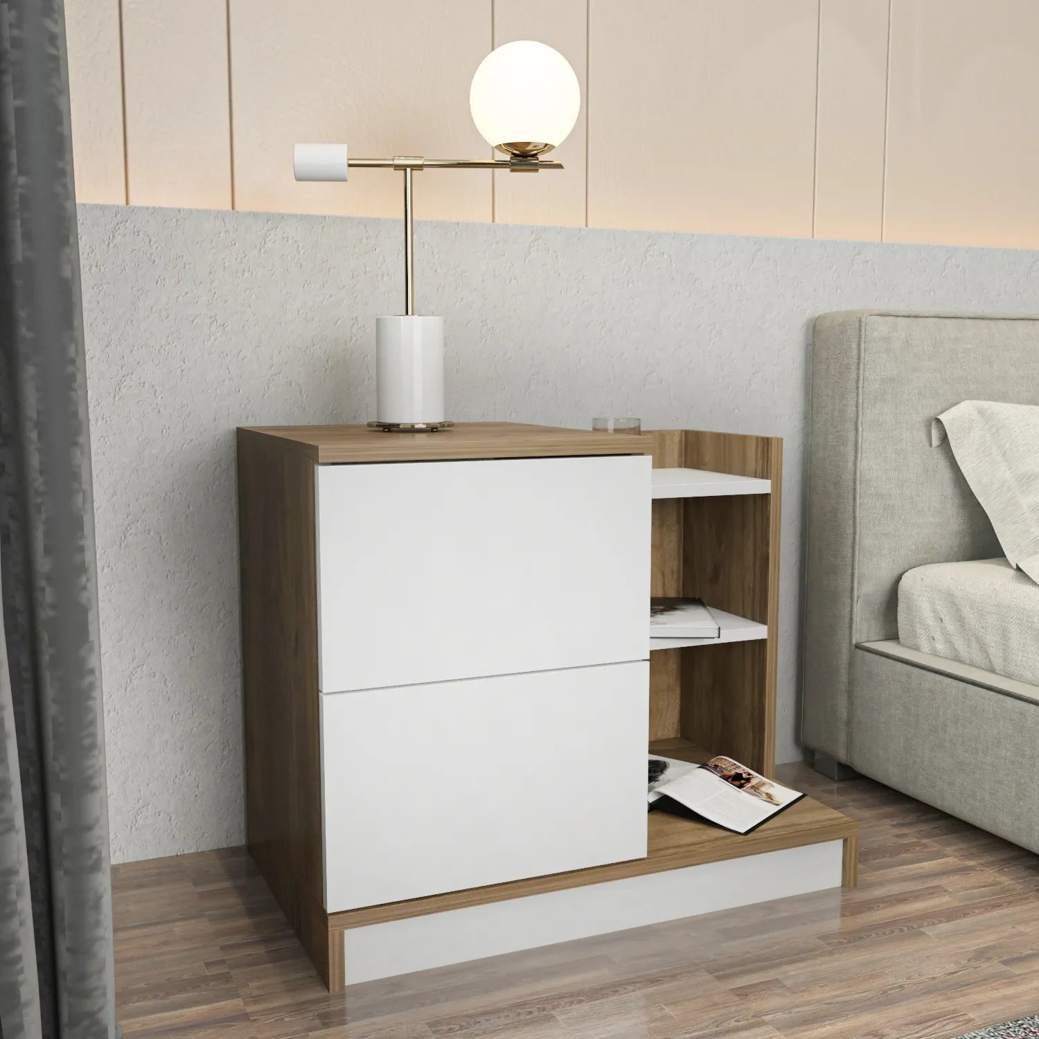 Rena Nightstand with 2 Drawers & Open Shelves