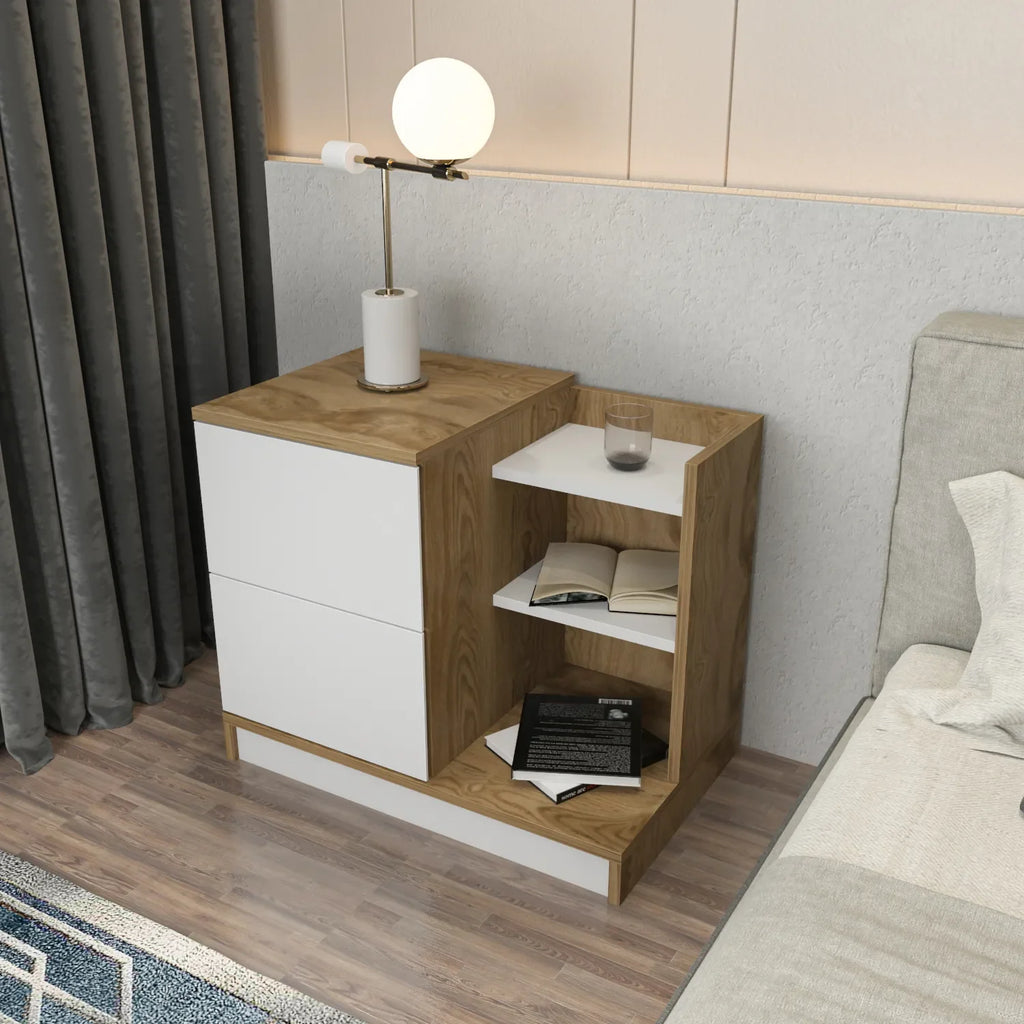 Rena Nightstand with 2 Drawers & Open Shelves