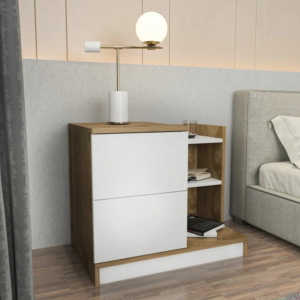 Rena Nightstand with 2 Drawers & Open Shelves
